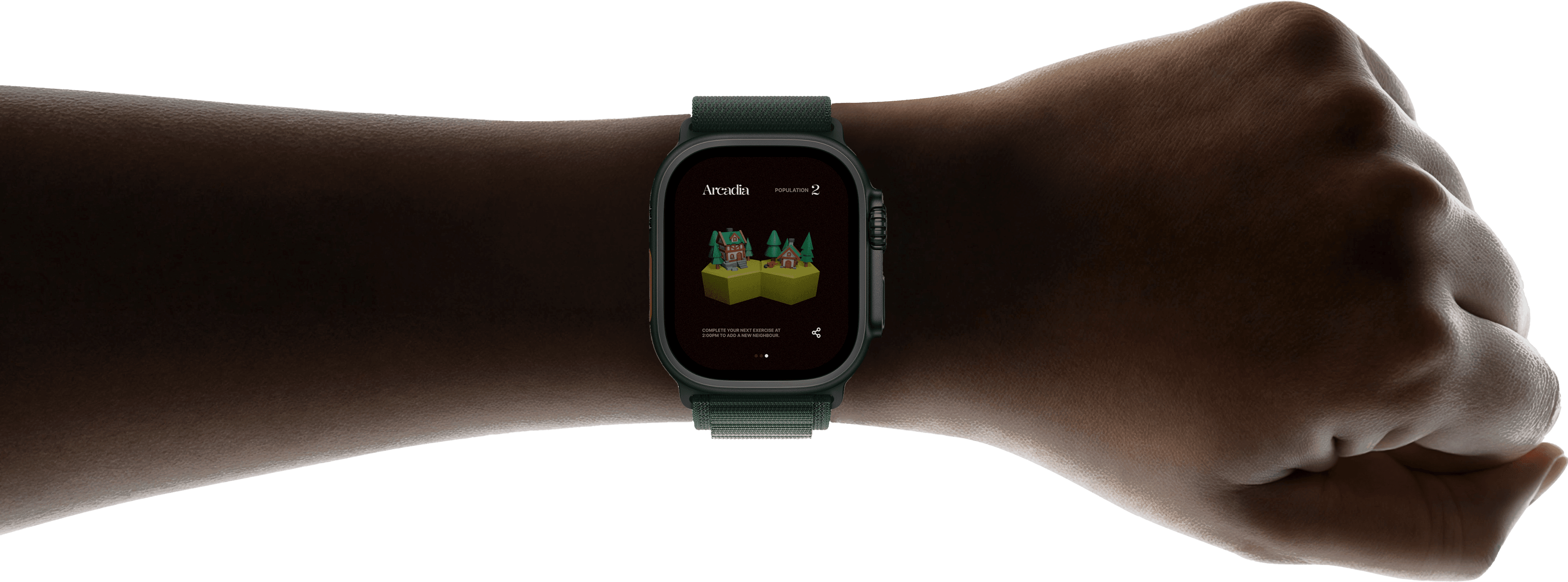 Hand wearing Apple Watch with Arcadia app